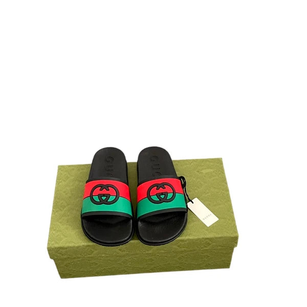 Authentic GUCCI Women's Interlocking G Slide Sandal Black Red Green Size 37 NEW