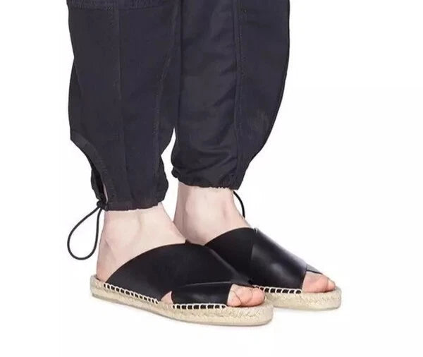 NIB Vince Castel Leather Crisscross Flat Espadrille Slide Sandal Black Sz 5 $225