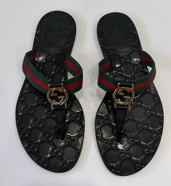 Gucci GG Web Stripe Thong Sandals EU 36 US 6 Black Flat Flip Flop Slide Slipper