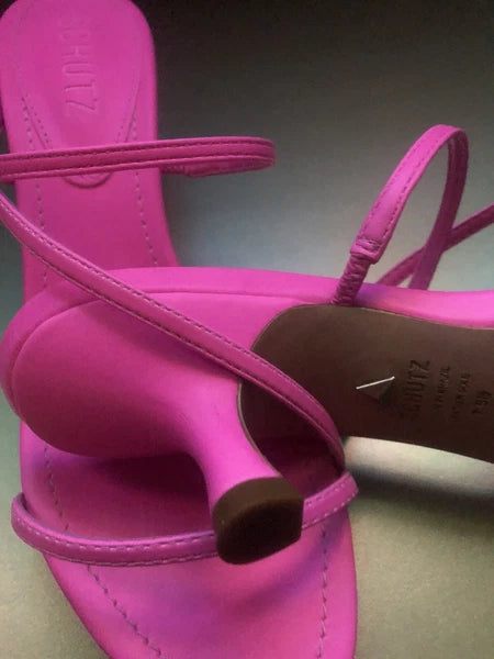NIB SCHUTZ Evenise Napa Leather Kitten Heel Strappy Sandals In Neon Pink 7.5 (7?