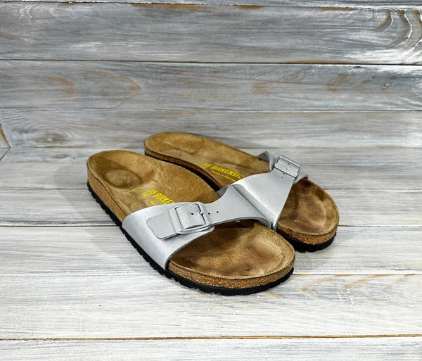 Birkenstock Madrid Birko-Flor Silver Womens Leather Slide Sandals