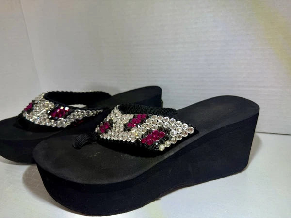 Bedazzled Crystal Y2K Black Flip Flop Wedge Pink And Black Women’s SZ 8