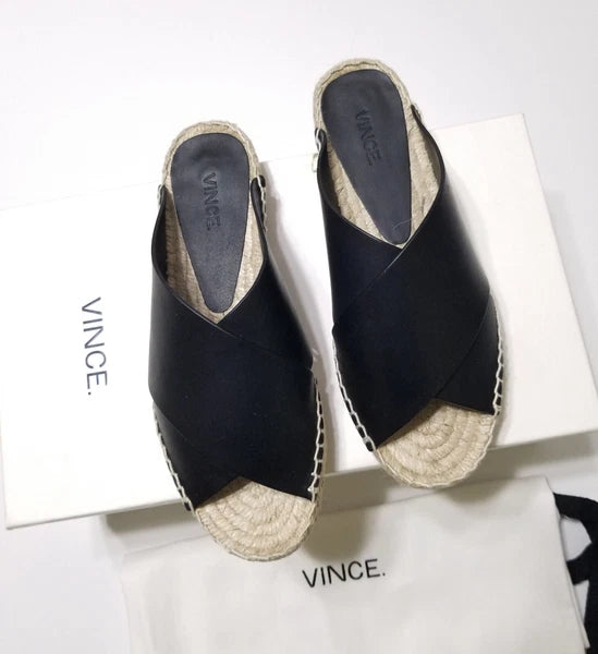 NIB Vince Castel Leather Crisscross Flat Espadrille Slide Sandal Black Sz 5 $225