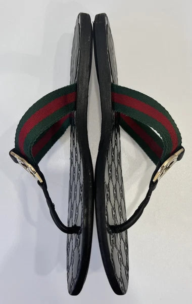 Gucci GG Web Stripe Thong Sandals EU 36 US 6 Black Flat Flip Flop Slide Slipper