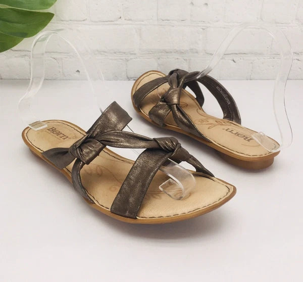 Born Slide Sandals Women's 8/39 Bronze Leather Strap Flat Comfort Flip Flop