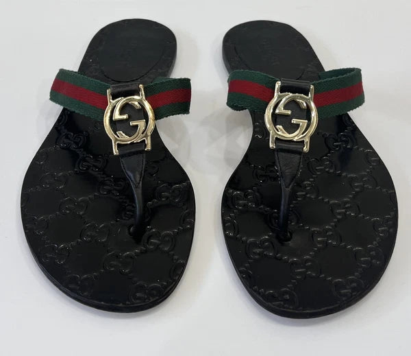 Gucci GG Web Stripe Thong Sandals EU 36 US 6 Black Flat Flip Flop Slide Slipper